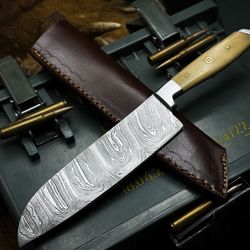 handmade damascus steel hunting & kitchen chef knife with bone handle and leather sheath