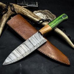 hand-forged damascus chef knife with wooden handle & original leather sheath