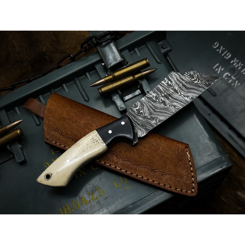 Premium Handmade Damascus Chef Knife With Bone Handle And Leather Cover 1