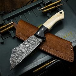 premium handmade damascus chef knife with bone handle and leather cover