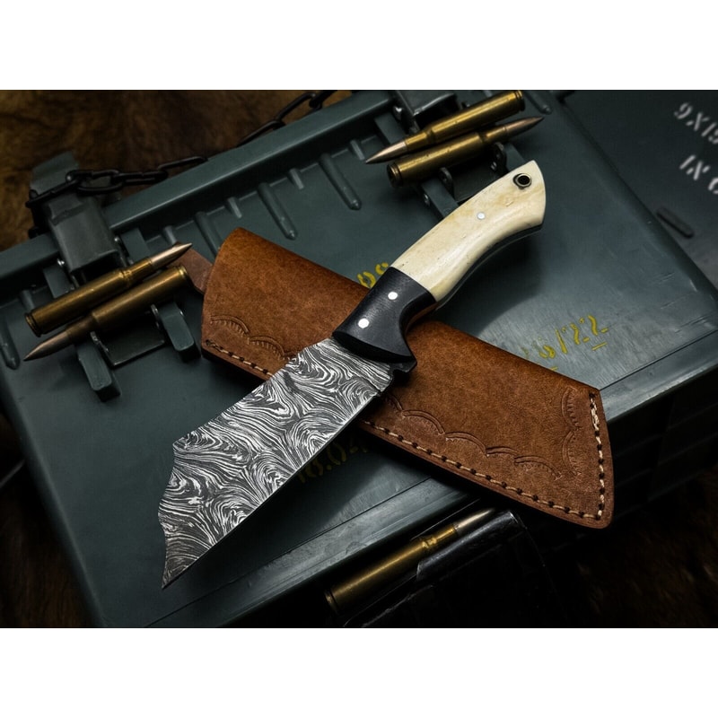Premium Handmade Damascus Chef Knife With Bone Handle And Leather Cover 0