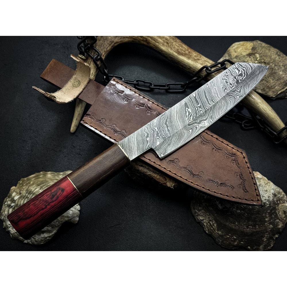 Unique HandForged Damascus Chef Knife With Natural Wood Handle Leather Sheath 3