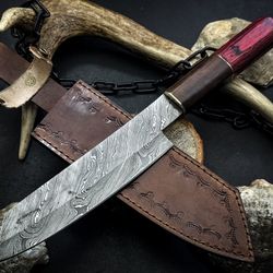unique hand-forged damascus chef knife with natural wood handle & leather sheath
