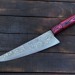 custom damascus steel chef knife with hardwood handle & leather sheath