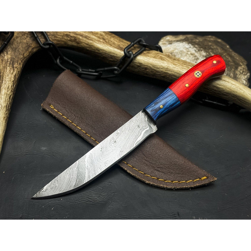 Elegant Handmade Damascus Kitchen Knife With Wooden Handle Leather Case 0