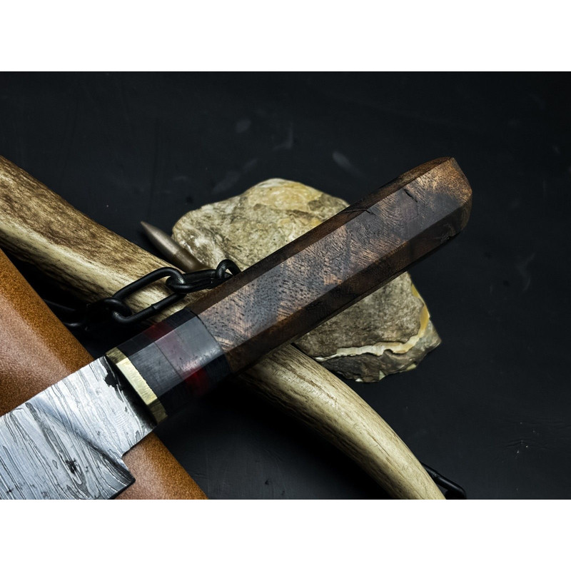 Damascus Steel Kitchen Knife With Hardwood Handle Cowhide Leather Sheath 2