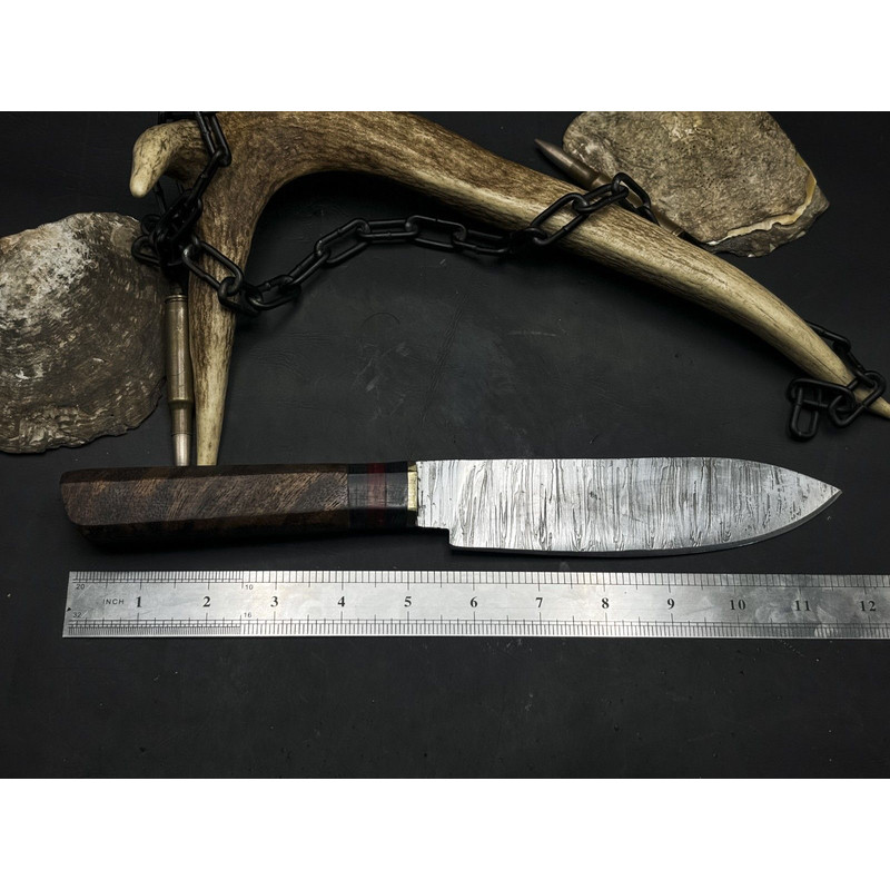 Damascus Steel Kitchen Knife With Hardwood Handle Cowhide Leather Sheath 3