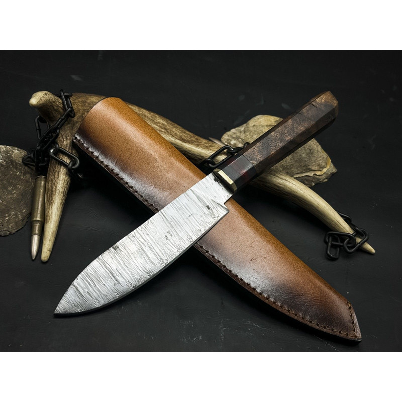 Damascus Steel Kitchen Knife With Hardwood Handle Cowhide Leather Sheath 0