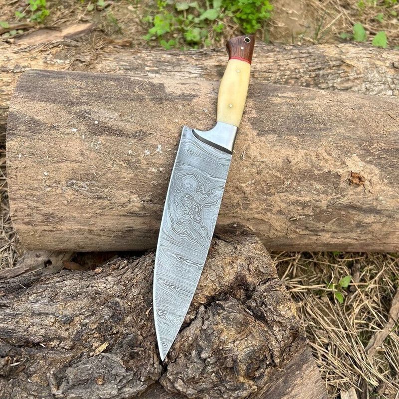 Damascus Steel Chef Knife Handmade With Bone Handle And Leather Sheath 1