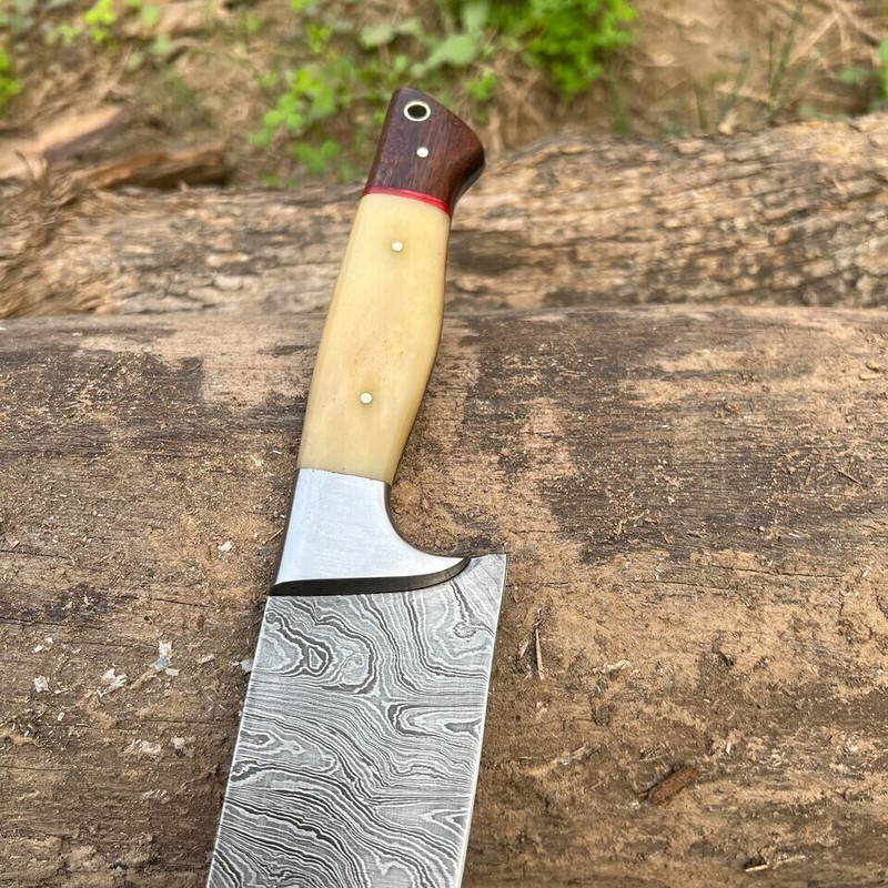 Damascus Steel Chef Knife Handmade With Bone Handle And Leather Sheath 2