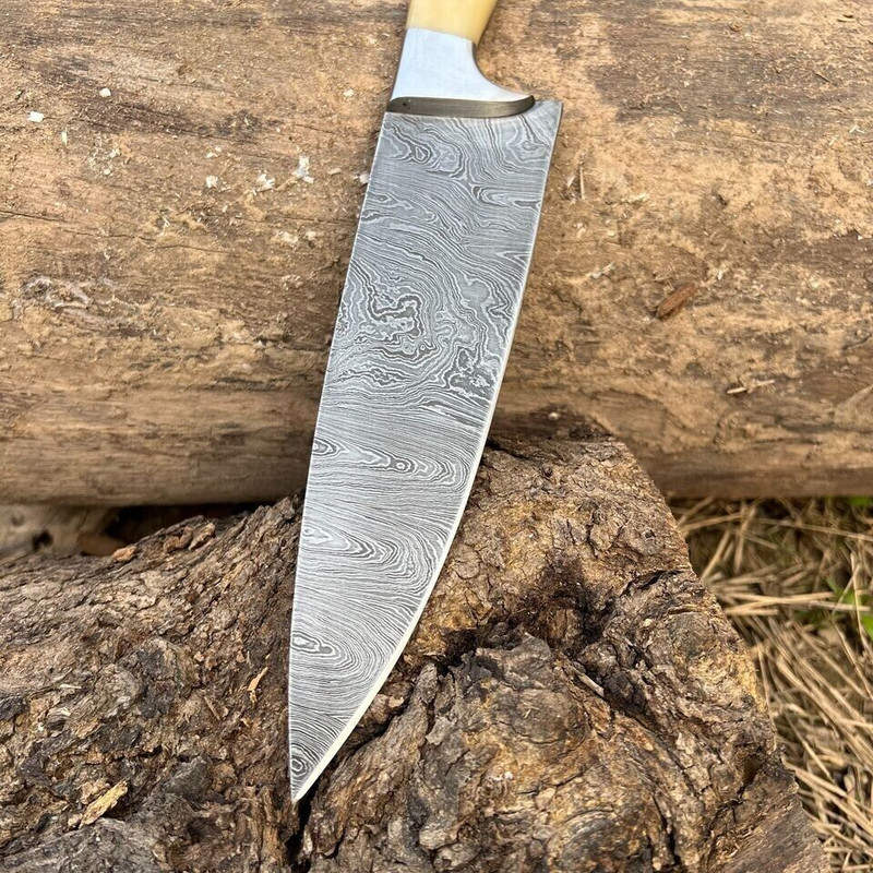 Damascus Steel Chef Knife Handmade With Bone Handle And Leather Sheath 3