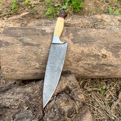 damascus steel chef knife – handmade with bone handle and leather sheath
