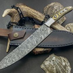 authentic handmade damascus steel knife – wooden handle with cow leather case
