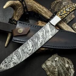 rustic damascus steel chef knife with wood handle & hand-stitched leather sheath