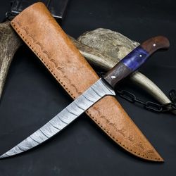 custom damascus steel knife with hardwood handle & leather sheath