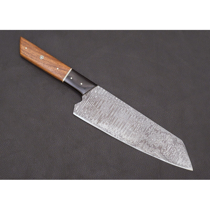 Elegant Handmade Damascus Kitchen Knife With Wood Handle Leather Case 1