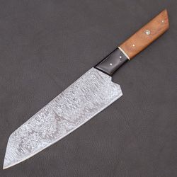 elegant handmade damascus kitchen knife with wood handle & leather case