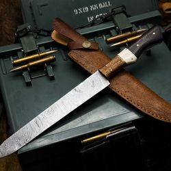 full tang damascus chef knife with wood handle & cowhide storage sheath
