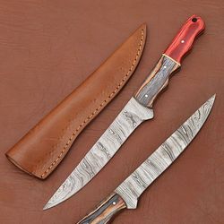 premium handmade damascus chef knife with natural wood handle & leather case