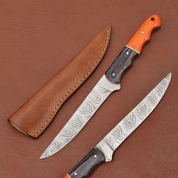 artisan damascus steel hunting knife – polished wood handle & sheath
