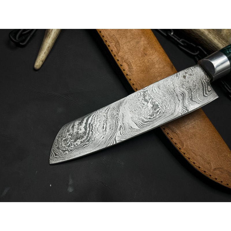 Handmade Damascus Steel Hunting Kitchen Chef Knife With Resin Handle And Leather Sheath 2