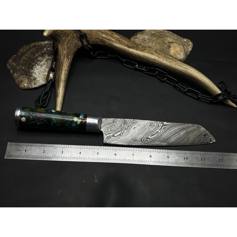 Handmade Damascus Steel Hunting Kitchen Chef Knife With Resin Handle And Leather Sheath 4
