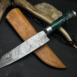 handmade damascus steel hunting & kitchen chef knife with resin handle and leather sheath