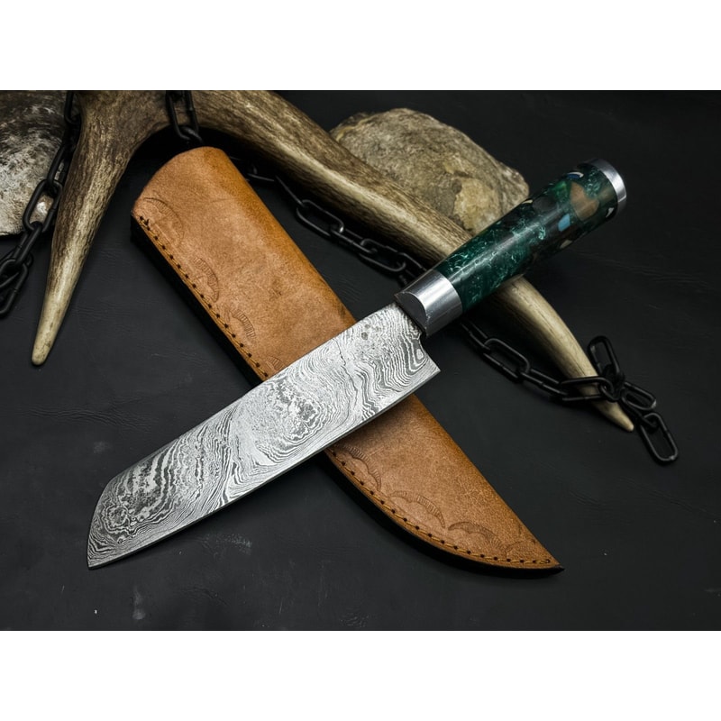 Handmade Damascus Steel Hunting Kitchen Chef Knife With Resin Handle And Leather Sheath 0