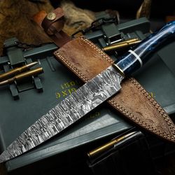 handmade damascus steel chef knife with resin handle & leather sheath