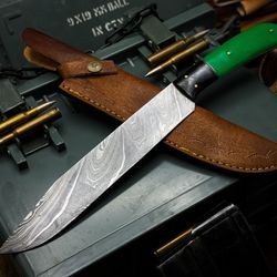 artisan damascus steel chef knife – resin handle & cowhide leather case