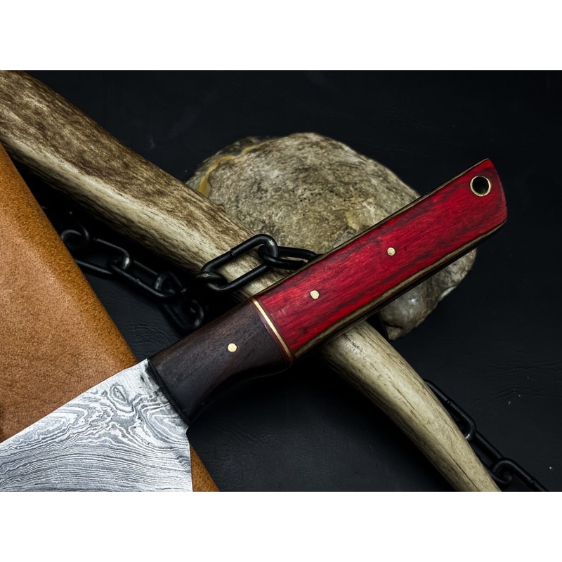 Handmade Damascus Steel Hunting Kitchen Chef Knife With Wood Handle And Leather Sheath 2