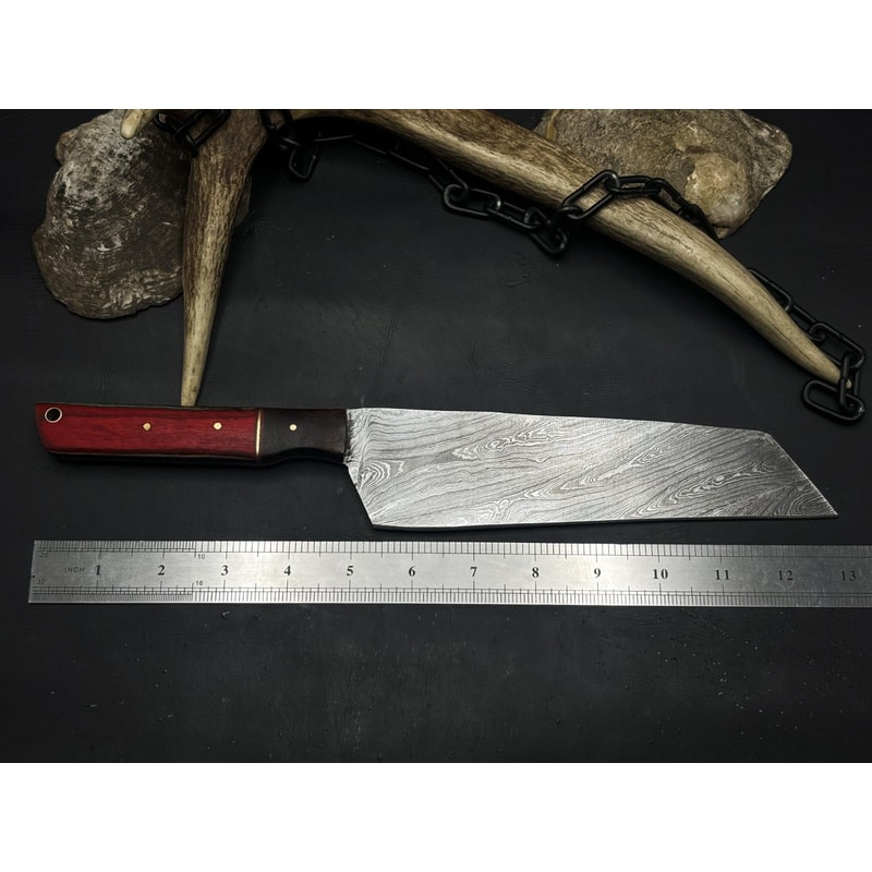 Handmade Damascus Steel Hunting Kitchen Chef Knife With Wood Handle And Leather Sheath 3