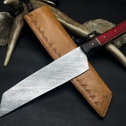 handmade damascus steel hunting & kitchen chef knife with wood handle and leather sheath