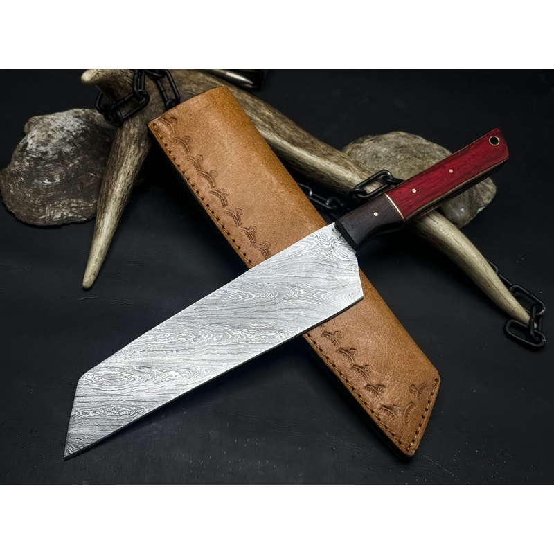 Handmade Damascus Steel Hunting Kitchen Chef Knife With Wood Handle And Leather Sheath 0