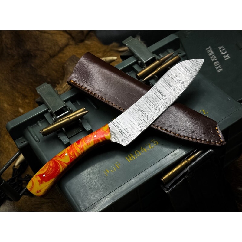 HandForged Damascus Chef Knife Resin Handle With Leather Sheath 3