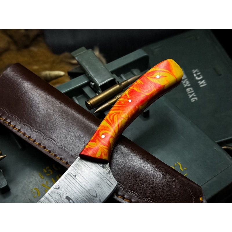 HandForged Damascus Chef Knife Resin Handle With Leather Sheath 1