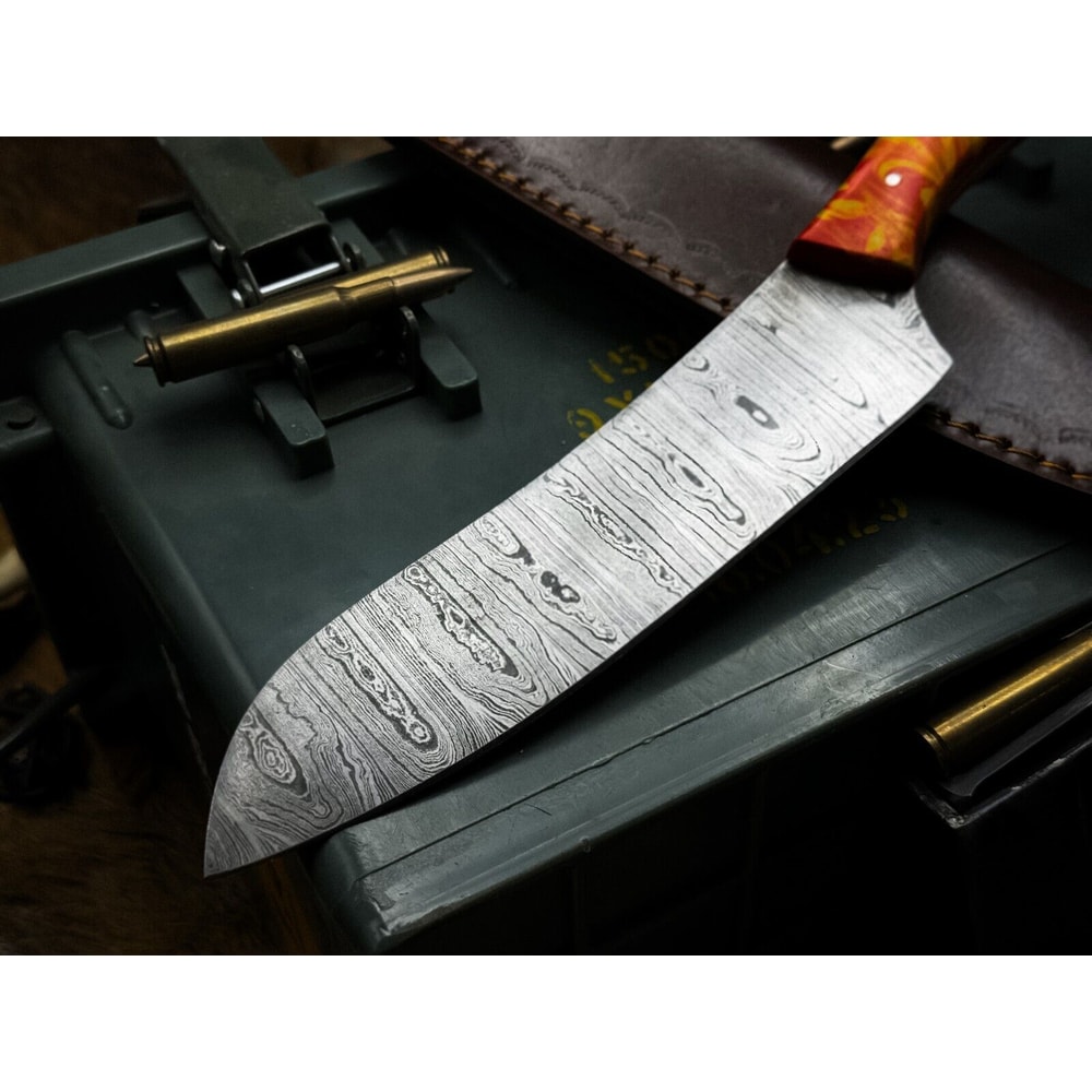 HandForged Damascus Chef Knife Resin Handle With Leather Sheath 2