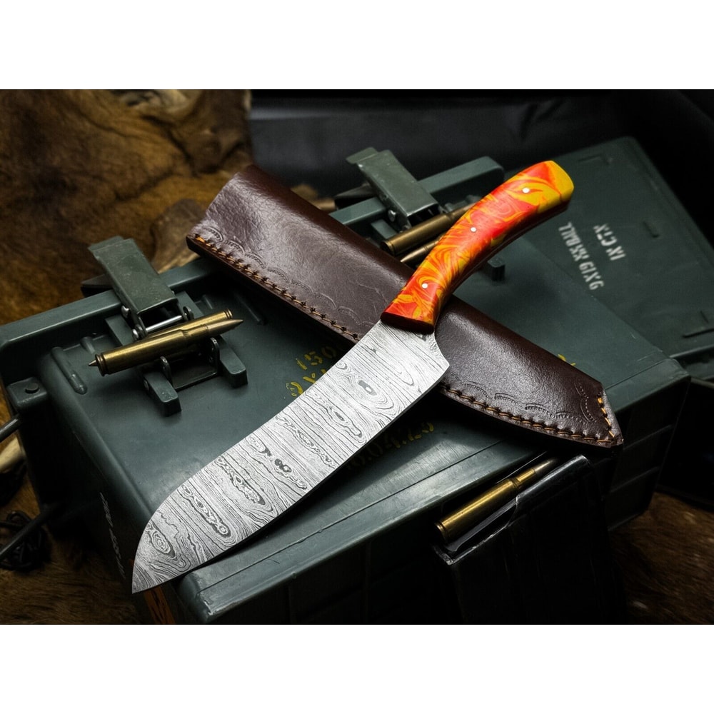 HandForged Damascus Chef Knife Resin Handle With Leather Sheath 0