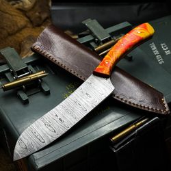 hand-forged damascus chef knife – resin handle with leather sheath