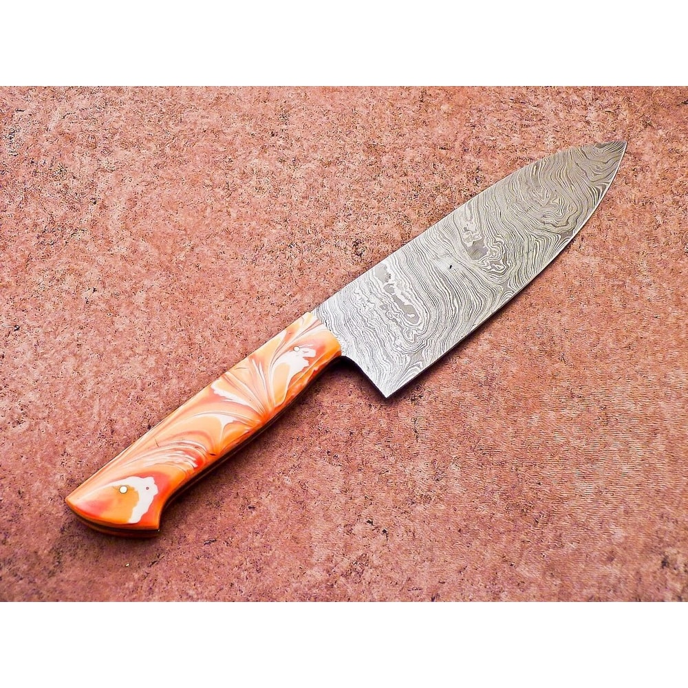 Premium Damascus Steel Knife Resin Handle HandStitched Leather Sheath 1