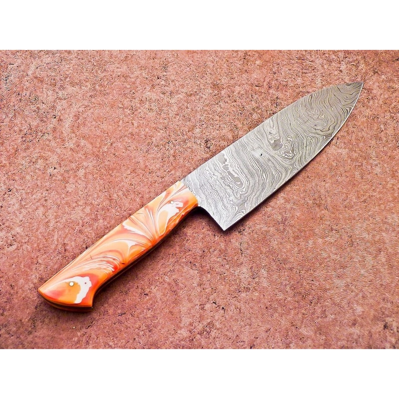 Premium Damascus Steel Knife Resin Handle HandStitched Leather Sheath 1