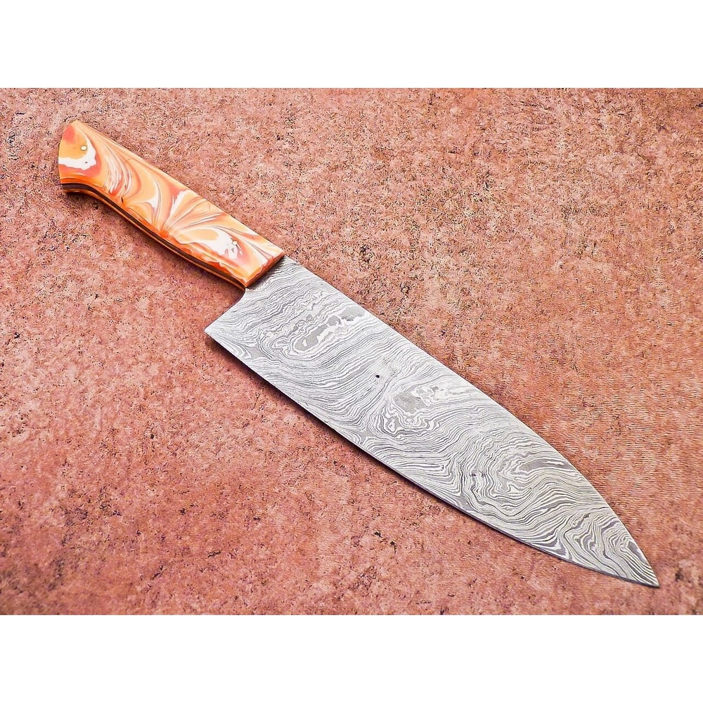 Premium Damascus Steel Knife Resin Handle HandStitched Leather Sheath 2