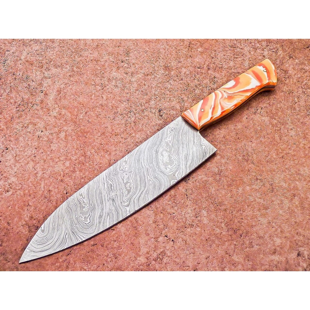 Premium Damascus Steel Knife Resin Handle HandStitched Leather Sheath 0