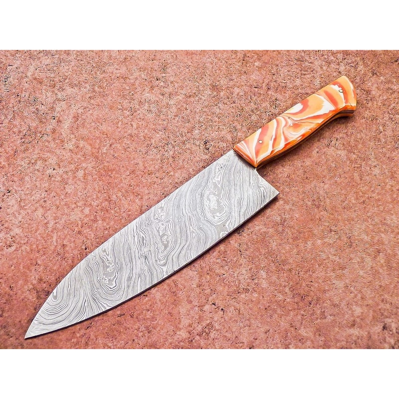 Premium Damascus Steel Knife Resin Handle HandStitched Leather Sheath 0