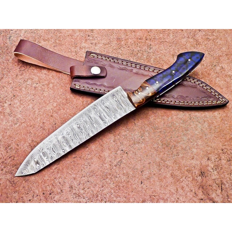 Handcrafted Damascus Steel Chef Knife Resin Grip Leather Case 1
