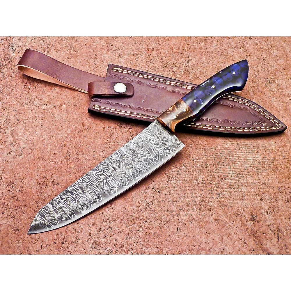 Handcrafted Damascus Steel Chef Knife Resin Grip Leather Case 0