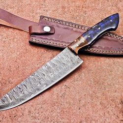 handcrafted damascus steel chef knife – resin grip & leather case