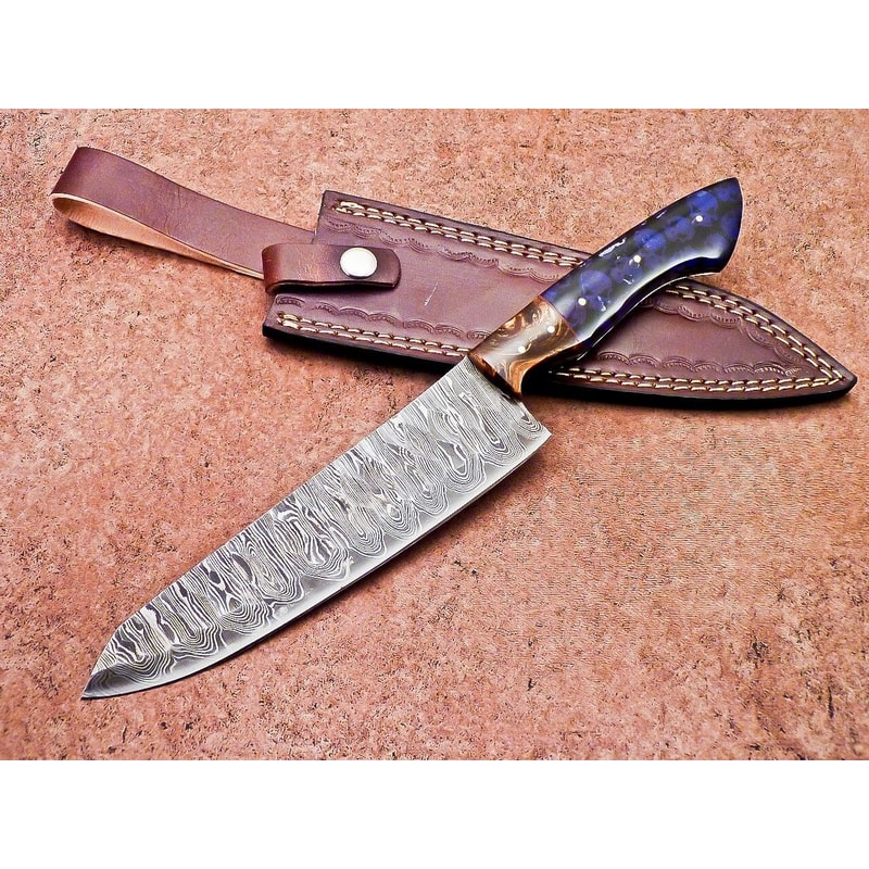 Handcrafted Damascus Steel Chef Knife Resin Grip Leather Case 0