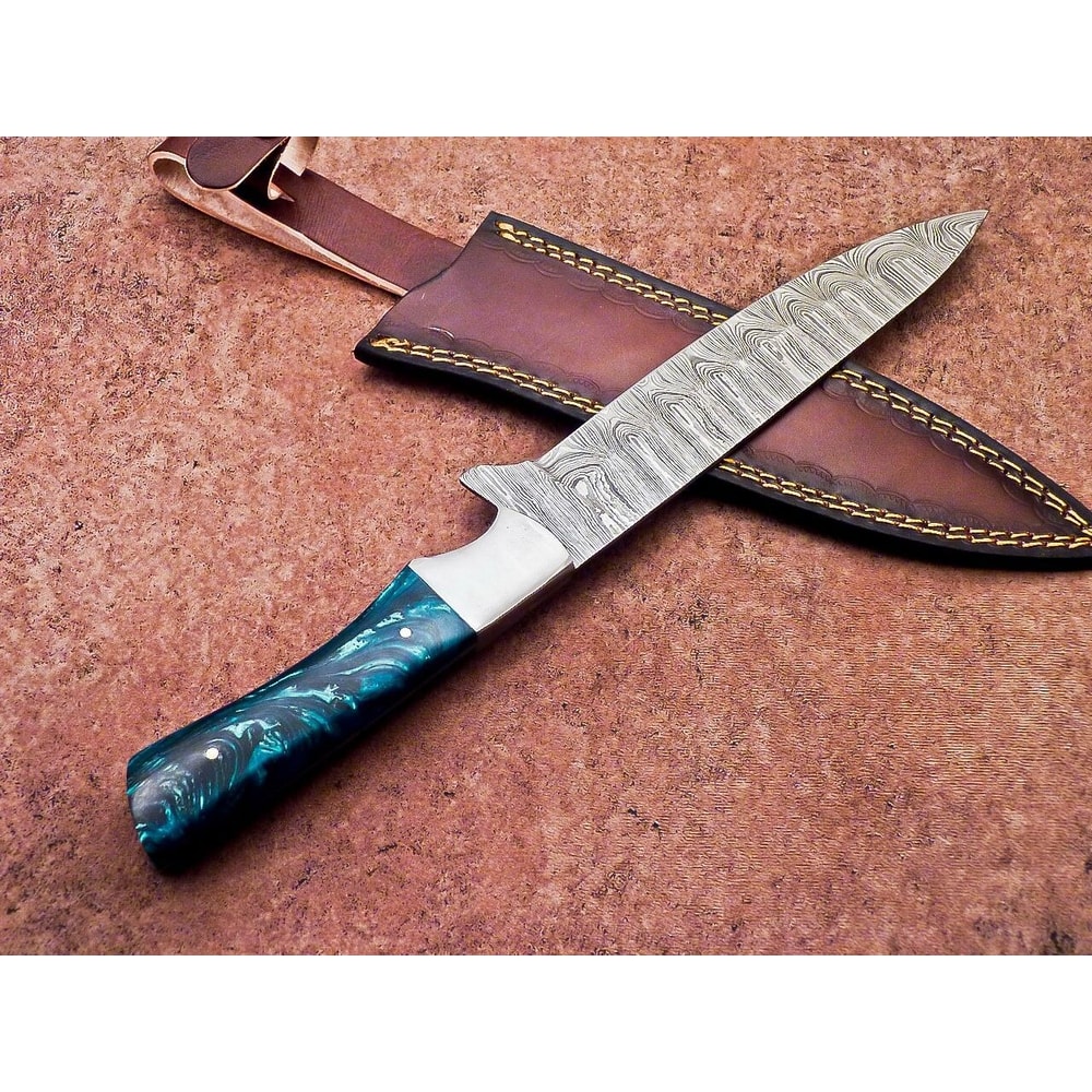 Damascus Steel Outdoor Knife Resin Handle Leather Sheath Included 1