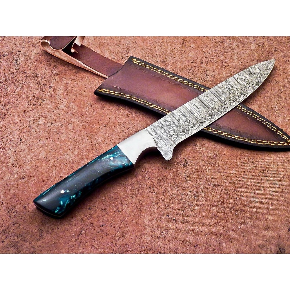 Damascus Steel Outdoor Knife Resin Handle Leather Sheath Included 2